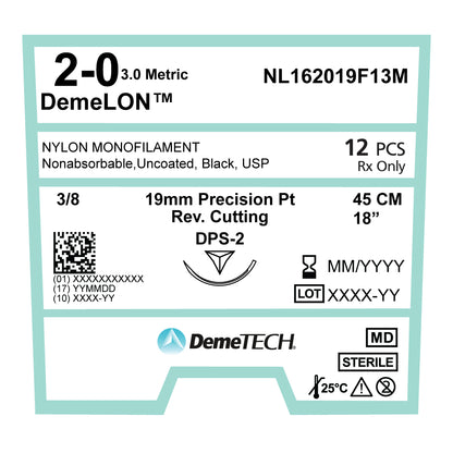 DemeTECH 18" Nylon Monofilament 2-0 Non-Absorbable DPS-2 Black Suture 12/Box