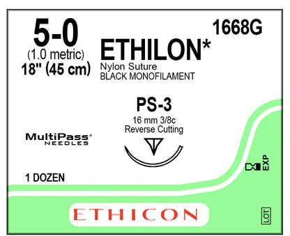 Ethicon 1668G Ethilon Nylon Suture, PS-3 Needle, 5-0, Black, 18"
