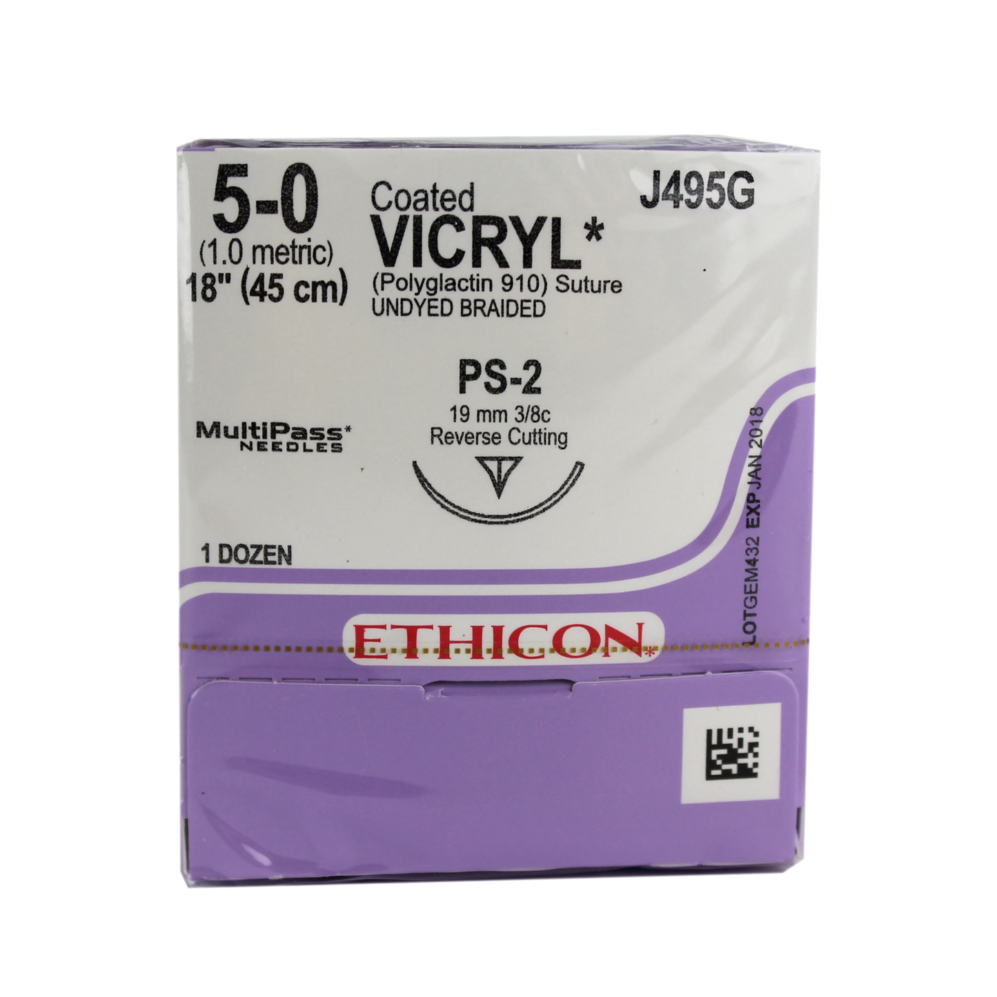 Ethicon J495G Coated Vicryl Suture, Polyglactin 910, Braided, 5-0, Absorbable, PS-2, Undyed, 18"