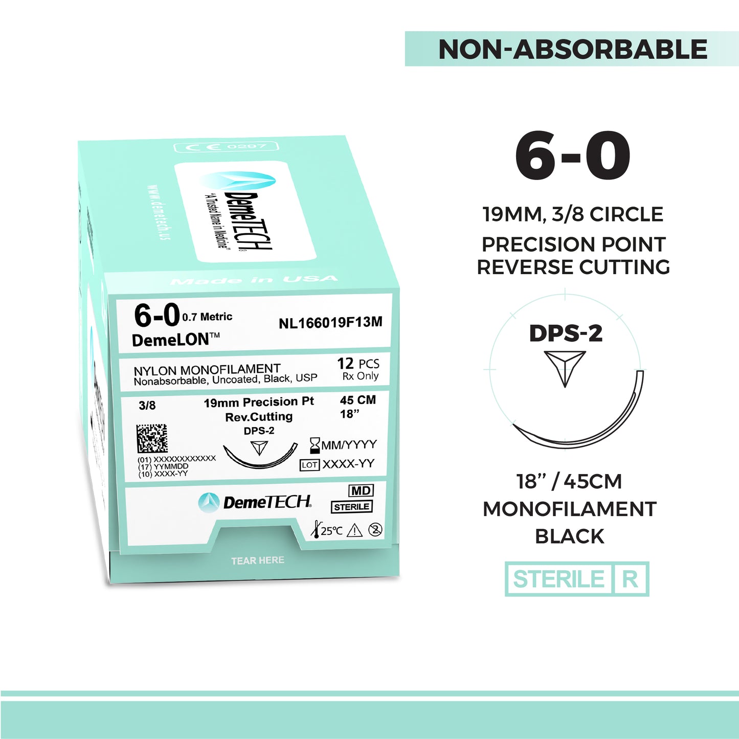 DemeTECH Nylon Monofilament Suture, 45 cm, Black, 6/0 USP, 19 mm, 3/8 Circle, Reverse Cutting, DPS-2
