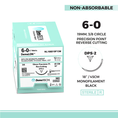 DemeTECH Nylon Monofilament Suture, 45 cm, Black, 6/0 USP, 19 mm, 3/8 Circle, Reverse Cutting, DPS-2