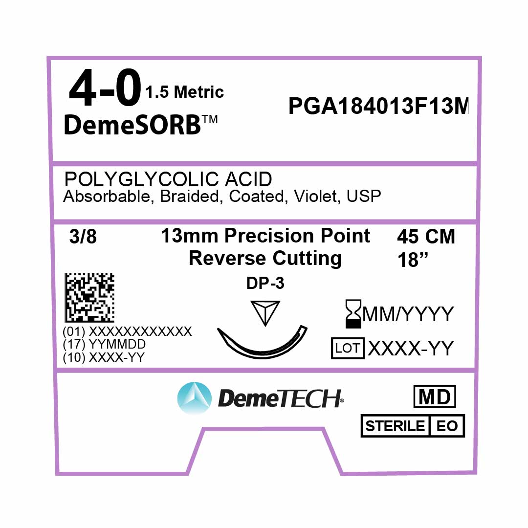 DemeTECH Polyglycolic Acid (PGA), 4-0, 18", DP-3 Synthetic Absorbable Suture, Precision Point Reverse Cutting, Violet 12/Box
