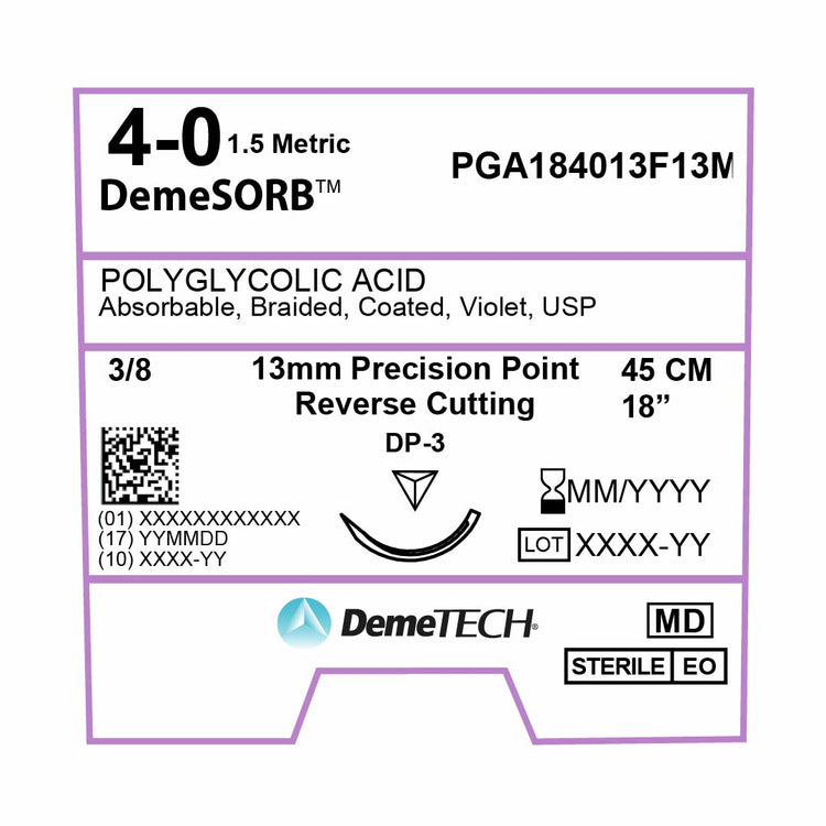 DemeTECH Polyglycolic Acid (PGA), 4-0, 18", DP-3 Synthetic Absorbable Suture, Precision Point Reverse Cutting, Violet 12/Box