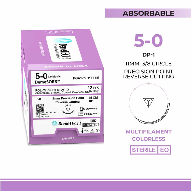 DemeTECH Polyglycolic Acid (PGA), 5-0, 18", DP-1 Synthetic Absorbable Suture, Precision Point Reverse Cutting, Undyed 12/Box