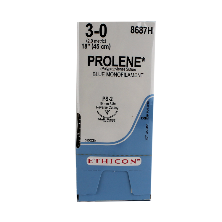 Ethicon 8687H Prolene Polypropylene Suture, Monofilament, 3-0, Non-Absorbable, PS-2, Blue, 18"