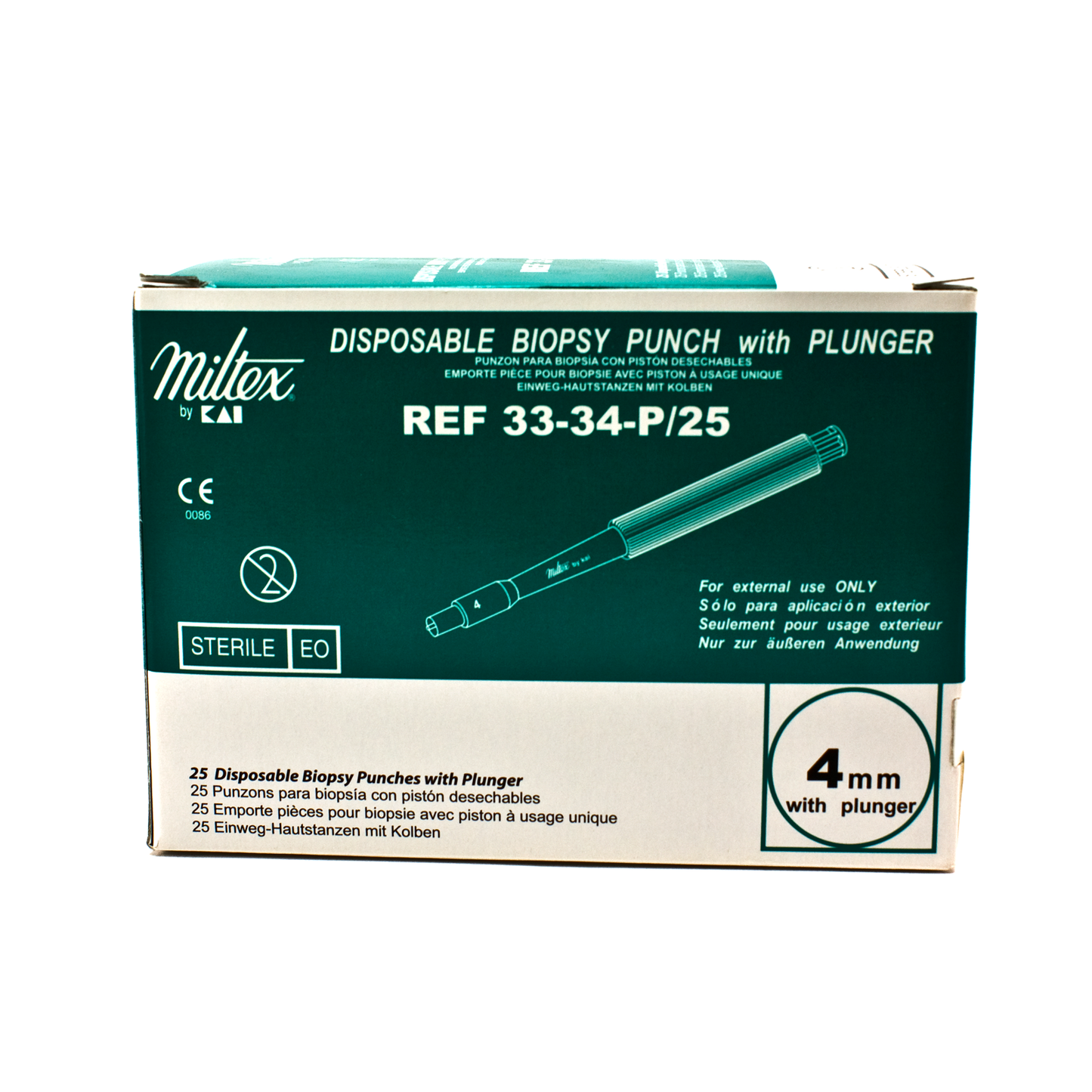 Miltex 33-34-P/25 Disposable Biopsy Punches with Plunger System, 4mm