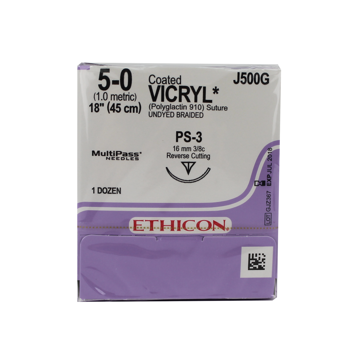 Ethicon 5-0, COATED VICRYL® (polyglactin 910) Absorbable Suture, PS-3, Reverse Cutting Edge Prime, Undyed, 18", (45cm) | J500G