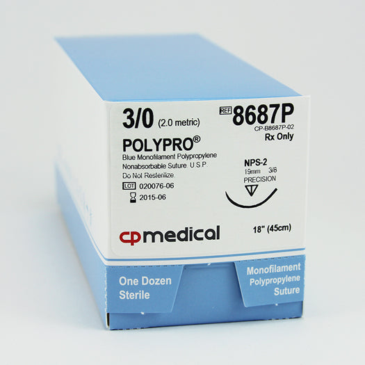 CP Medical 8687P Polypropylene, Monofilament, 3-0, Non-Absorbable Suture, PS-2, Blue, 18"