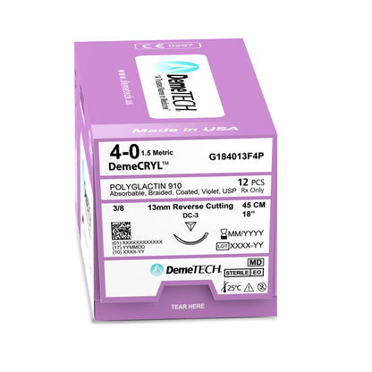 DemeTECH Polyglactin 910, 4-0, 18", DC-3 Synthetic Absorbable Suture, Reverse Cutting, Violet 12/Box