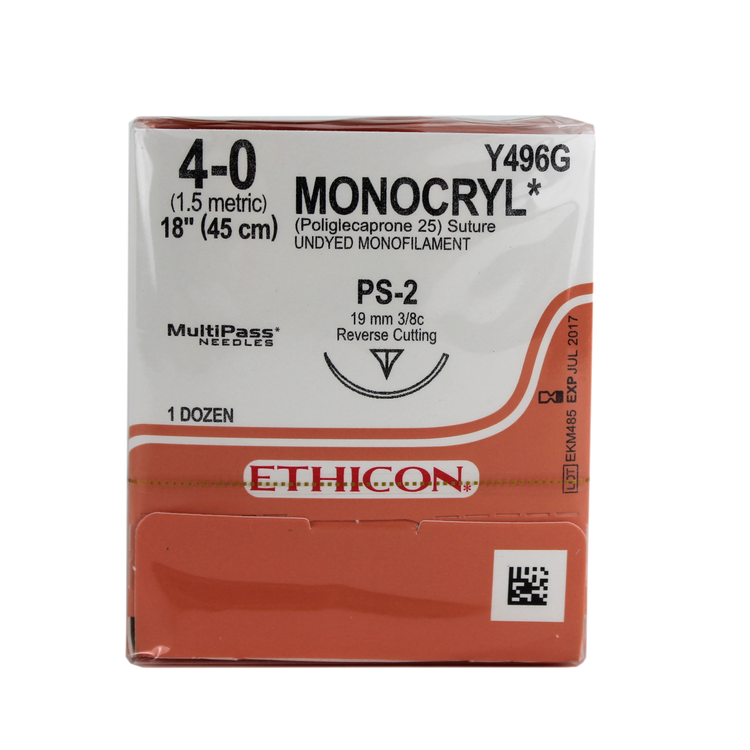 Ethicon Y496G Monocryl PGCL Monofilament 25 Suture,, 4-0, Absorbable, PS-2, Undyed, 18"
