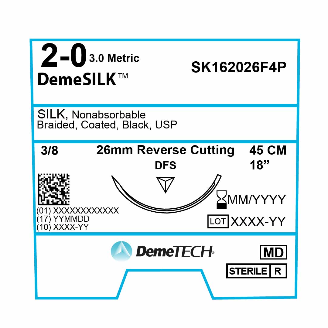 DemeTECH Silk, 2-0, 18", DFS Non-Absorbable Suture, Precision Point Reverse Cutting, Black 12/Box