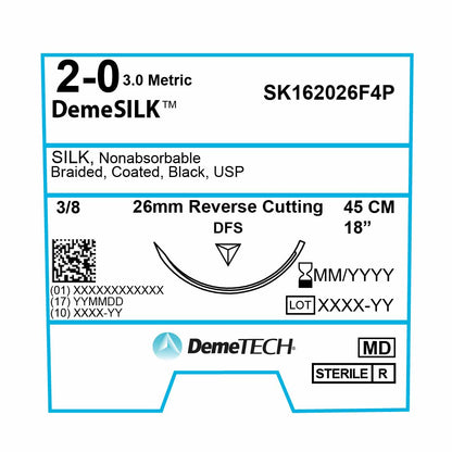 DemeTECH Silk, 2-0, 18", DFS Non-Absorbable Suture, Precision Point Reverse Cutting, Black 12/Box