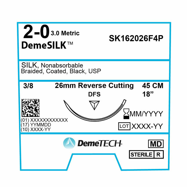 DemeTECH Silk, 2-0, 18", DFS Non-Absorbable Suture, Precision Point Reverse Cutting, Black 12/Box