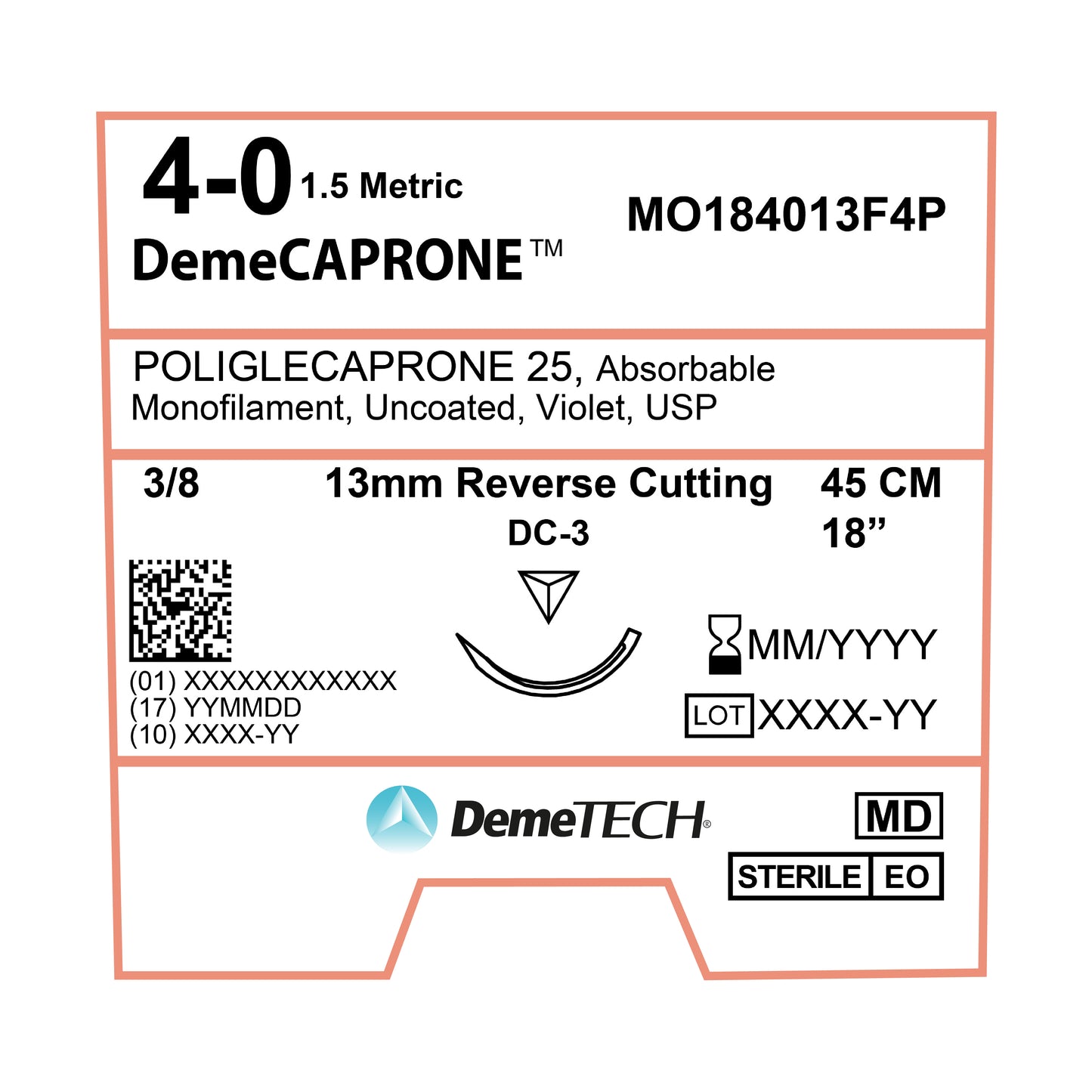 DemeTECH Poliglecaprone 25 (PGCL), 4-0, 18", DC-3 Absorbable Suture, Reverse Cutting, Violet 12/Box