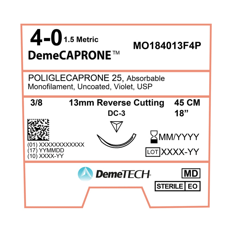 DemeTECH Poliglecaprone 25 (PGCL), 4-0, 18", DC-3 Absorbable Suture, Reverse Cutting, Violet 12/Box