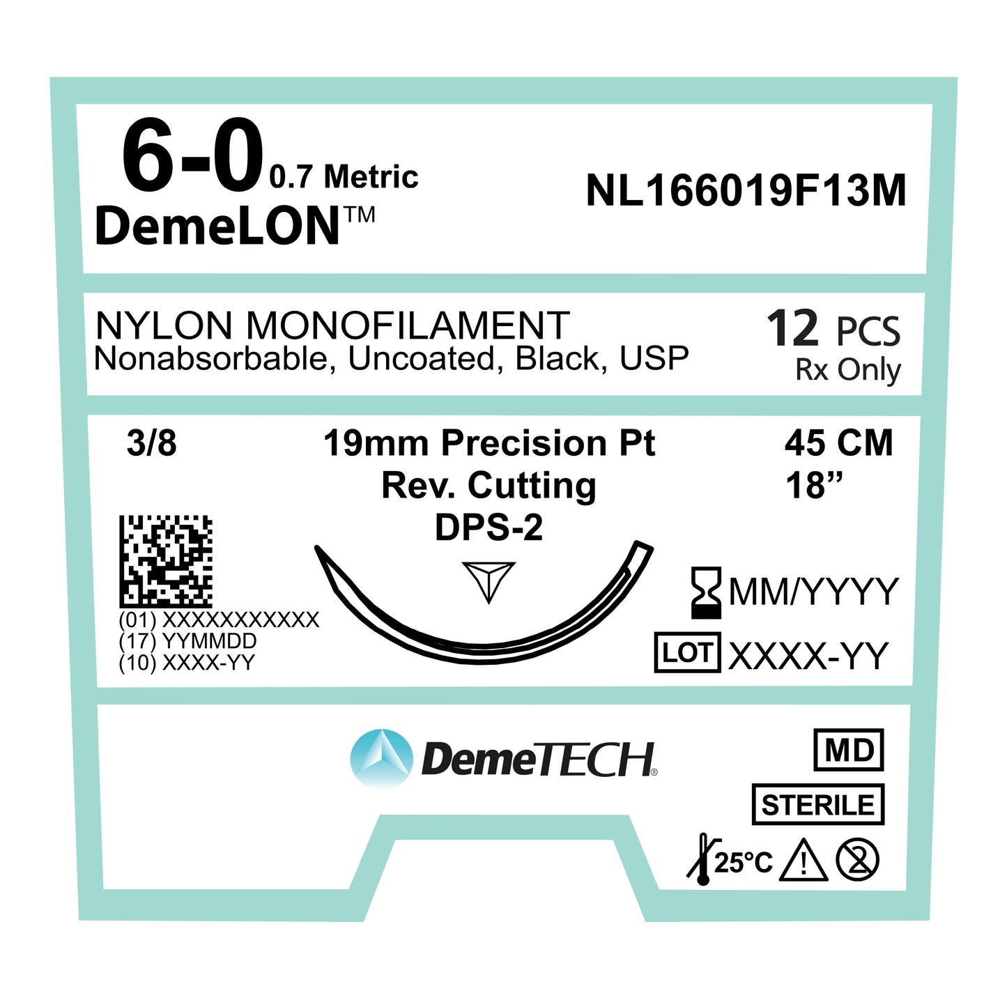 DemeTECH Nylon Monofilament Suture, 45 cm, Black, 6/0 USP, 19 mm, 3/8 Circle, Reverse Cutting, DPS-2