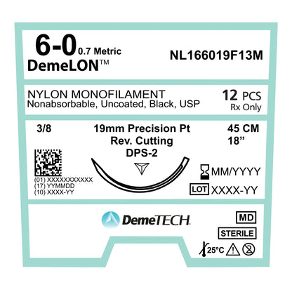DemeTECH Nylon Monofilament Suture, 45 cm, Black, 6/0 USP, 19 mm, 3/8 Circle, Reverse Cutting, DPS-2