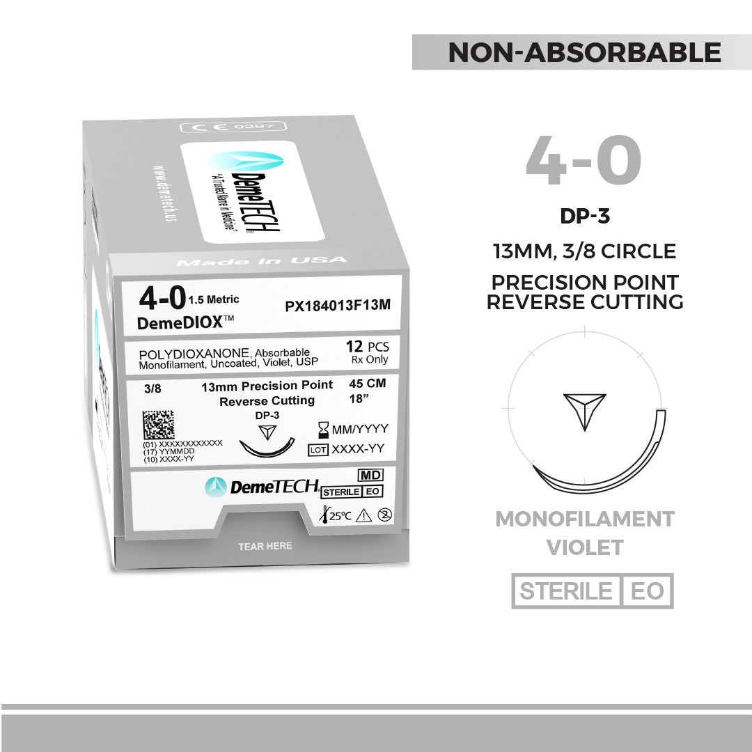 DemeTECH PX184013F13M DemeDIOX Polydioxanone Suture, 4-0, 18", DP-3 Synthetic, Absorbable Suture, Reverse Cutting, Violet, 12/Box