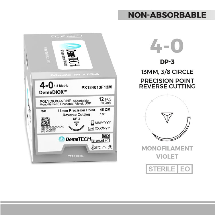 DemeTECH PX184013F13M DemeDIOX Polydioxanone Suture, 4-0, 18", DP-3 Synthetic, Absorbable Suture, Reverse Cutting, Violet, 12/Box