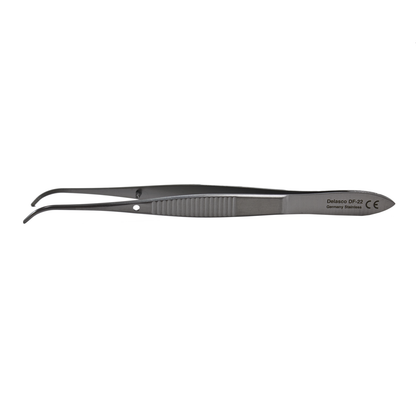 Delasco DF-22 Eye Dressing Forceps 4 in, 1/2 Curved 1.5mm Serrated