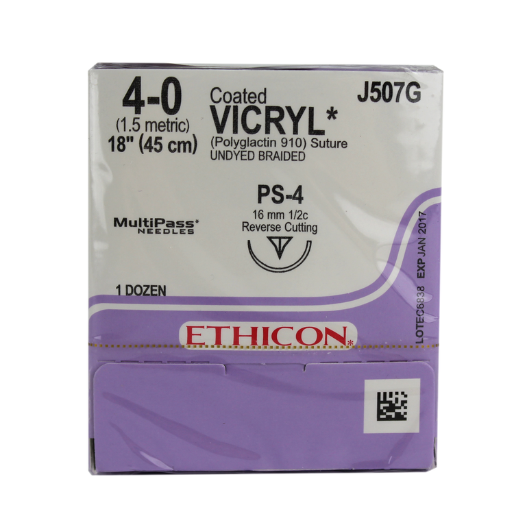 Ethicon J507G Coated Vicryl Suture, Polyglactin 910, Braided, 4-0, Absorbable, PS-4, Undyed, 18"
