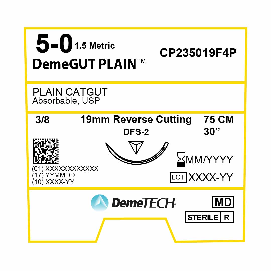 DemeTECH Plain Gut, 5-0, 30", DFS-2 Absorbable Suture, Reverse Cutting, Beige 12/Box