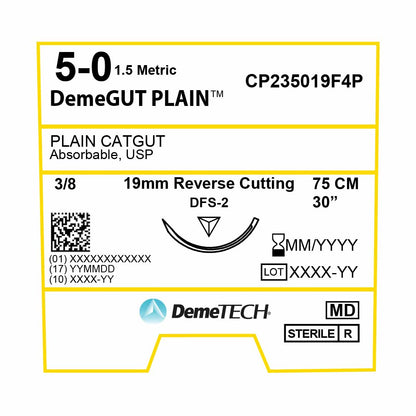 DemeTECH Plain Gut, 5-0, 30", DFS-2 Absorbable Suture, Reverse Cutting, Beige 12/Box