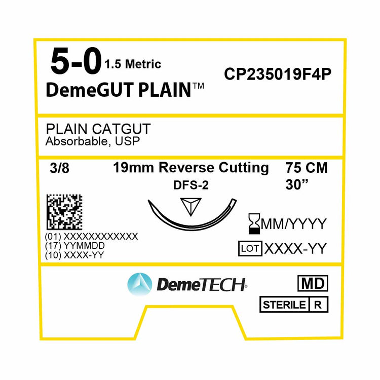 DemeTECH Plain Gut, 5-0, 30", DFS-2 Absorbable Suture, Reverse Cutting, Beige 12/Box
