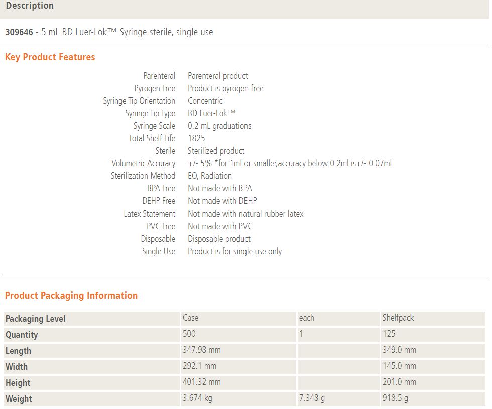 BD 309646 5 ml Luer Lock Tip Syringe