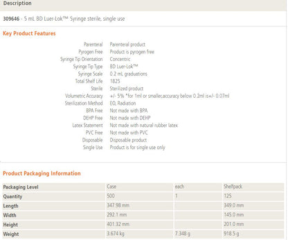 BD 309646 5 ml Luer Lock Tip Syringe