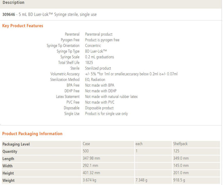 BD 309646 5 ml Luer Lock Tip Syringe