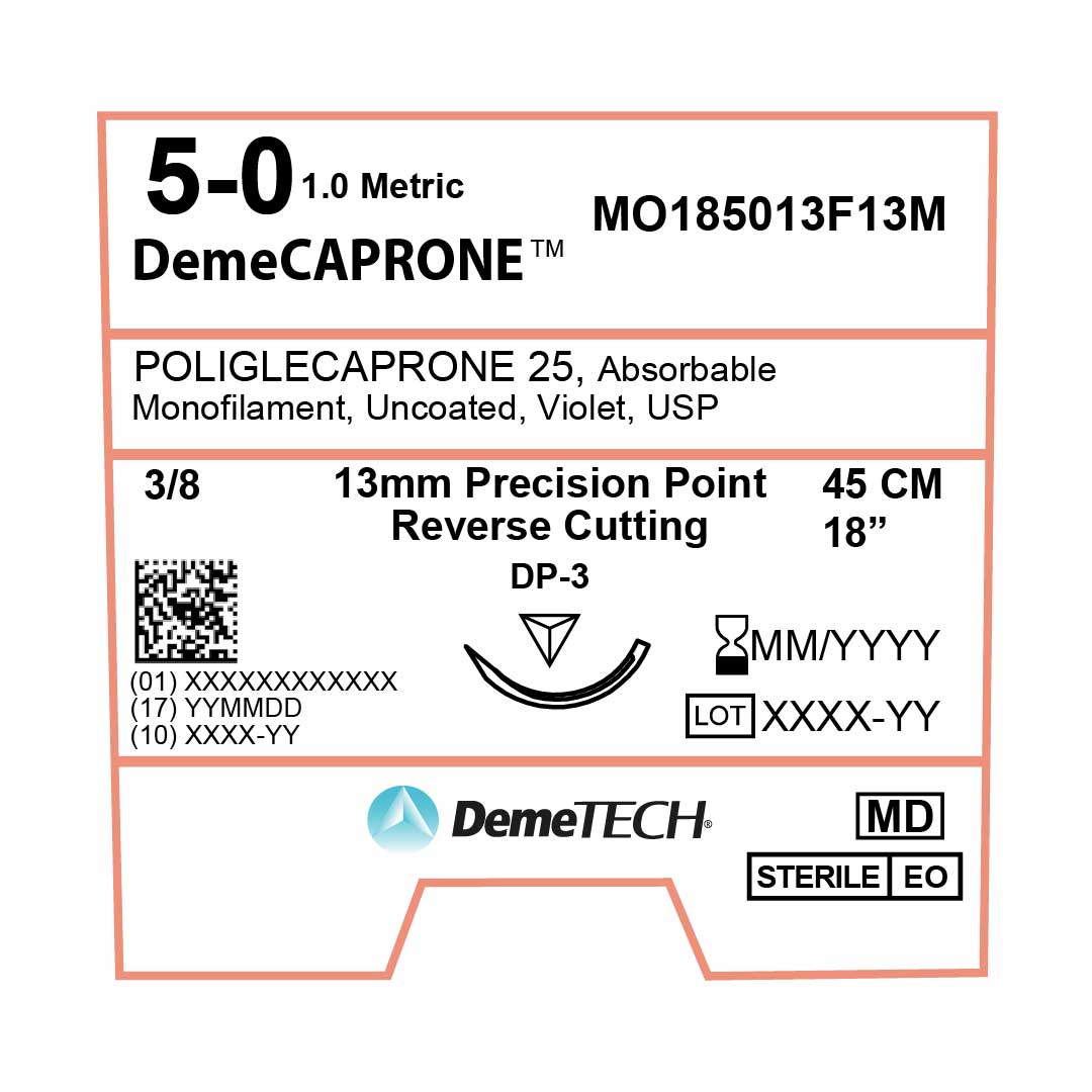 DemeTECH Poliglecaprone 25` (PGCL), 5-0, 18", DP-3 Absorbable Suture, Precision Point Reverse Cutting, Violet 12/Box