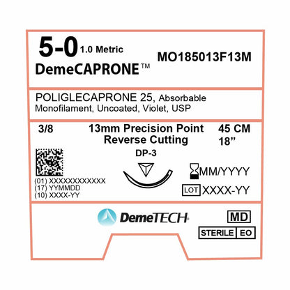 DemeTECH Poliglecaprone 25` (PGCL), 5-0, 18", DP-3 Absorbable Suture, Precision Point Reverse Cutting, Violet 12/Box
