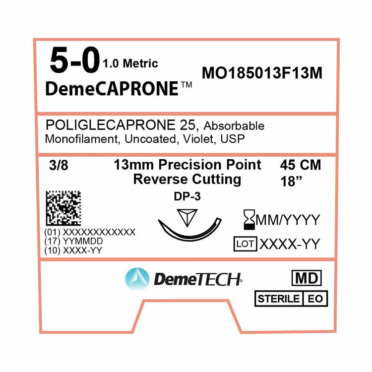 DemeTECH Poliglecaprone 25` (PGCL), 5-0, 18", DP-3 Absorbable Suture, Precision Point Reverse Cutting, Violet 12/Box