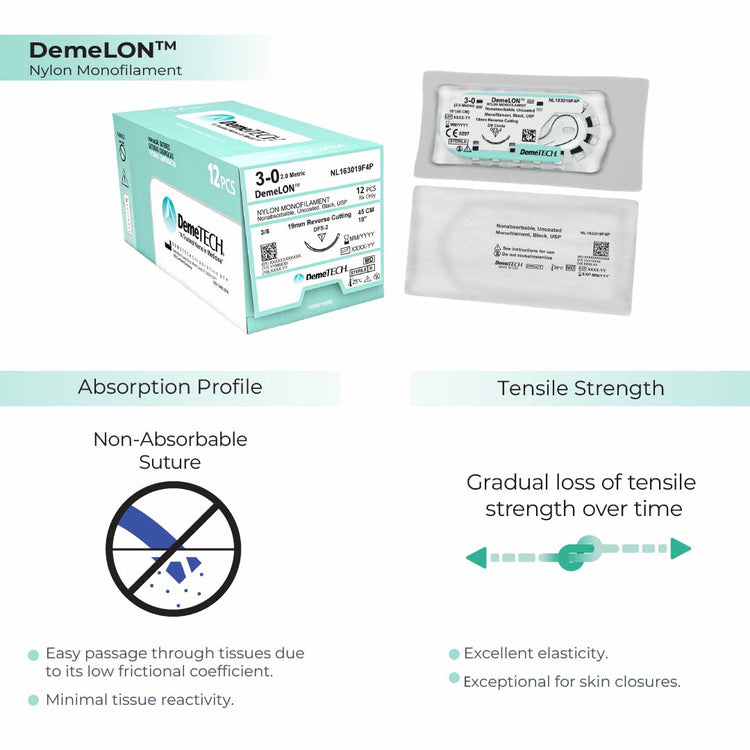 DemeTECH 18” Nylon Monofilament 3-0 Non-Absorbable DPS-2 Black Suture