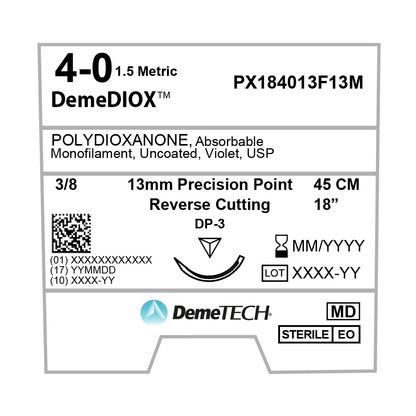 DemeTECH PX184013F13M DemeDIOX Polydioxanone Suture, 4-0, 18", DP-3 Synthetic, Absorbable Suture, Reverse Cutting, Violet, 12/Box