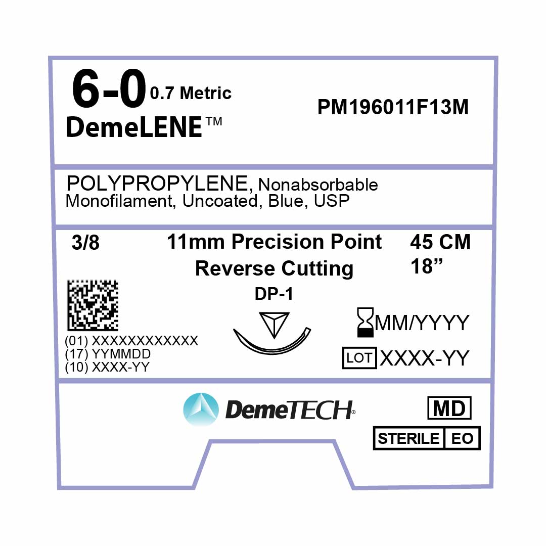 DemeTECH Polypropylene, 6-0, 18", DP-1 Non-Absorbable Suture, Precision Point Reverse Cutting, Blue 12/Box