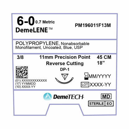 DemeTECH Polypropylene, 6-0, 18", DP-1 Non-Absorbable Suture, Precision Point Reverse Cutting, Blue 12/Box