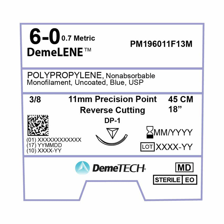 DemeTECH Polypropylene, 6-0, 18", DP-1 Non-Absorbable Suture, Precision Point Reverse Cutting, Blue 12/Box