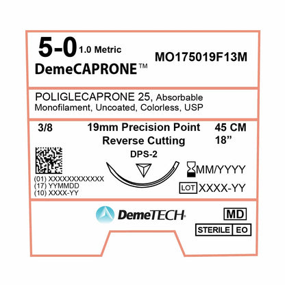 DemeTECH Poliglecaprone 25` (PGCL), 5-0, 18", DPS-2 Absorbable Suture, Precision Point Reverse Cutting, Undyed 12/Box