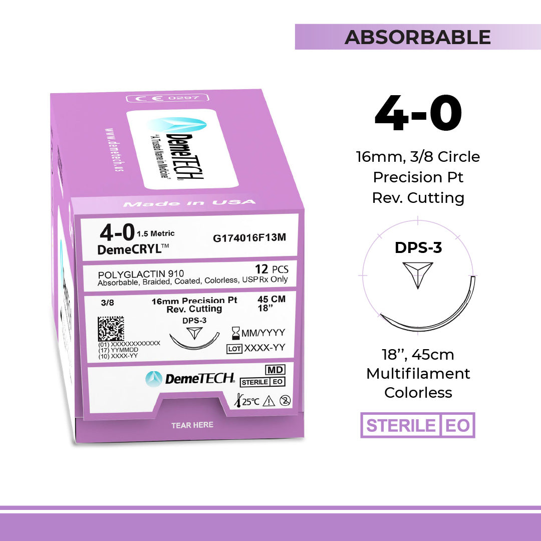 DemeTECH Polyglactin 910, 45 cm, Colorless, 4-0 USP, 16 mm, 3/8 Circle, Reverse Cutting