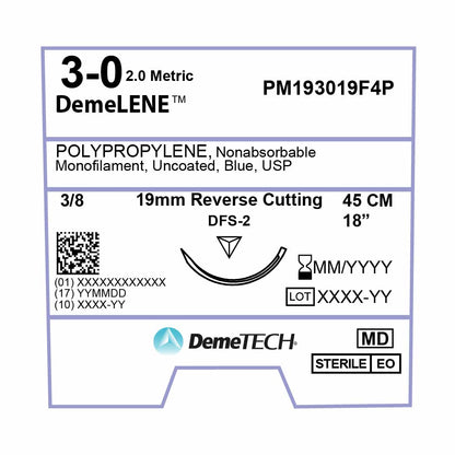 DemeTECH Polypropylene, 3-0, 18", DFS-2 Non-Absorbable Suture, Reverse Cutting, Blue 12/Box