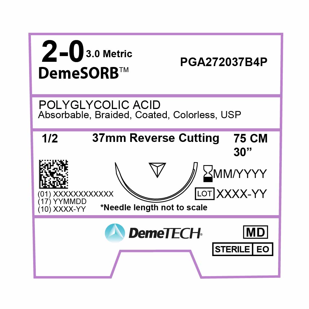DemeTECH Polyglycolic Acid (PGA), 2-0, 30", N/A Synthetic Absorbable Suture, Reverse Cutting, Undyed 12/Box