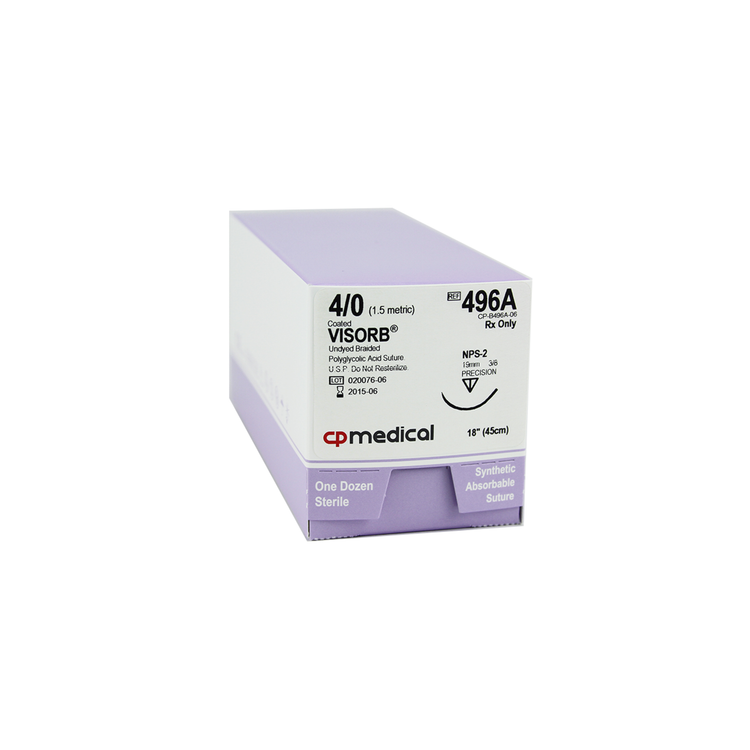 CP Medical 496A Braided, Polyglycolic Acid, 4-0, Absorbable Suture, PS-2, Undyed, 18"