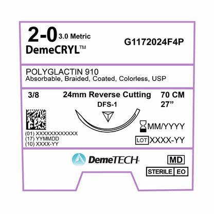 DemeTECH Polyglactin 910, 2-0, 27", DFS-1 Synthetic Absorbable Suture, Reverse Cutting, Undyed 12/Box