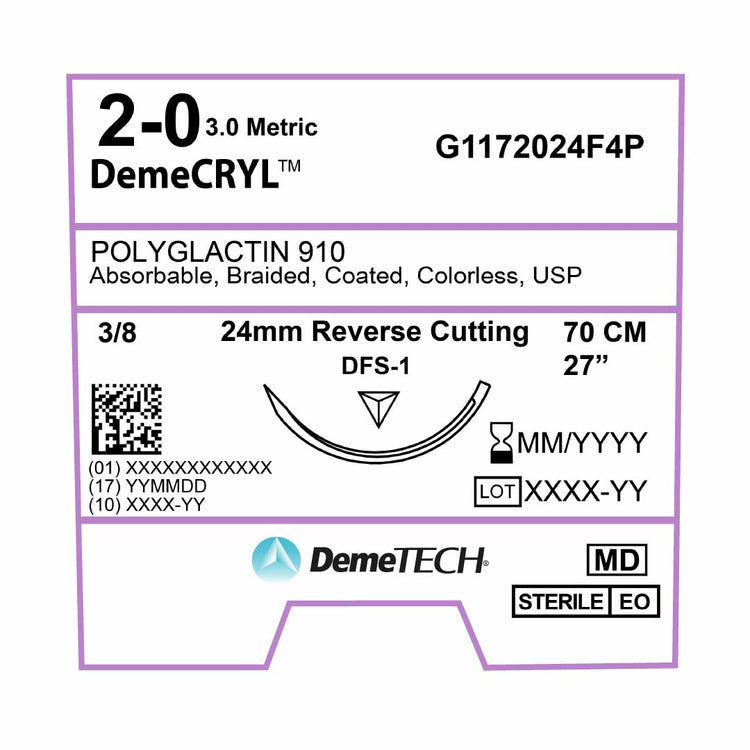 DemeTECH Polyglactin 910, 2-0, 27", DFS-1 Synthetic Absorbable Suture, Reverse Cutting, Undyed 12/Box