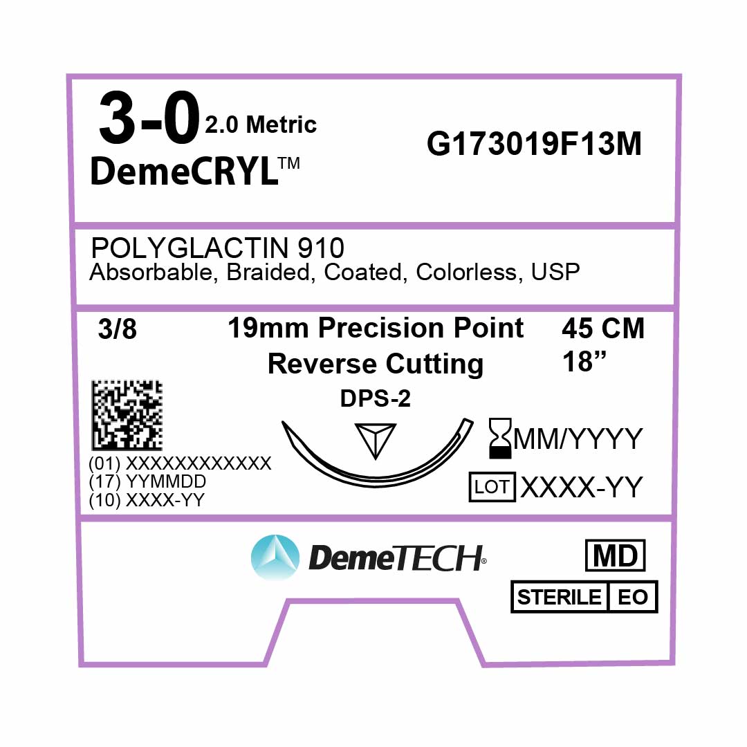 DemeTECH 3-0 Polyglactin 910 Synthetic 18" Absorbable DPS-2 Suture