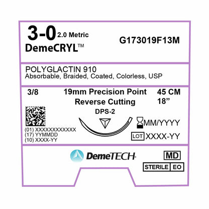DemeTECH 3-0 Polyglactin 910 Synthetic 18" Absorbable DPS-2 Suture
