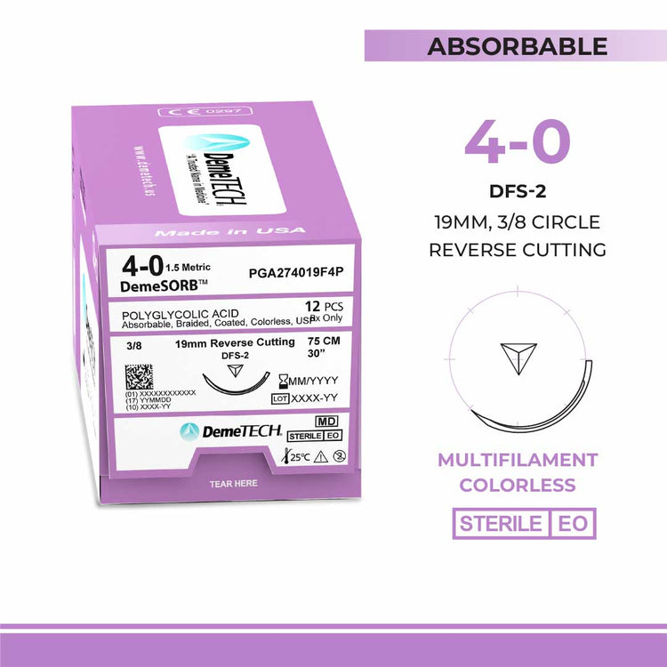 DemeTECH Polyglycolic Acid (PGA), 4-0, 30", DFS-2 Synthetic Absorbable Suture, Precision Point Reverse Cutting, Undyed 12/Box