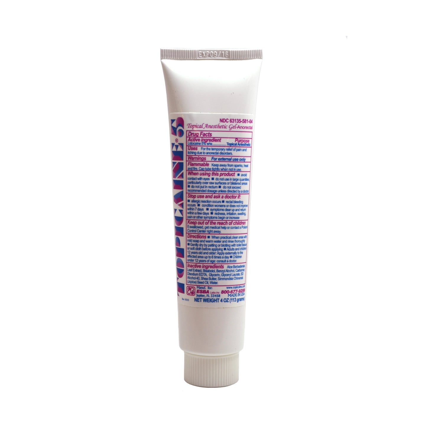Topicaine TOP5-113-TCRC Lidocaine Gel, 5%, 113 gram tube